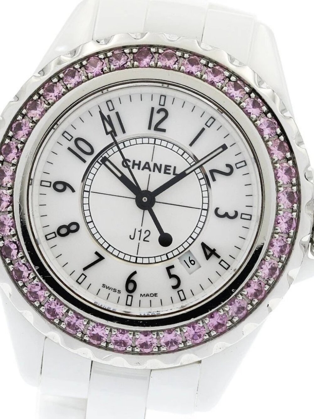 CHANEL J12 H1181 Pink Sapphire Bezel white Dial Quartz Ladies Watch_959548